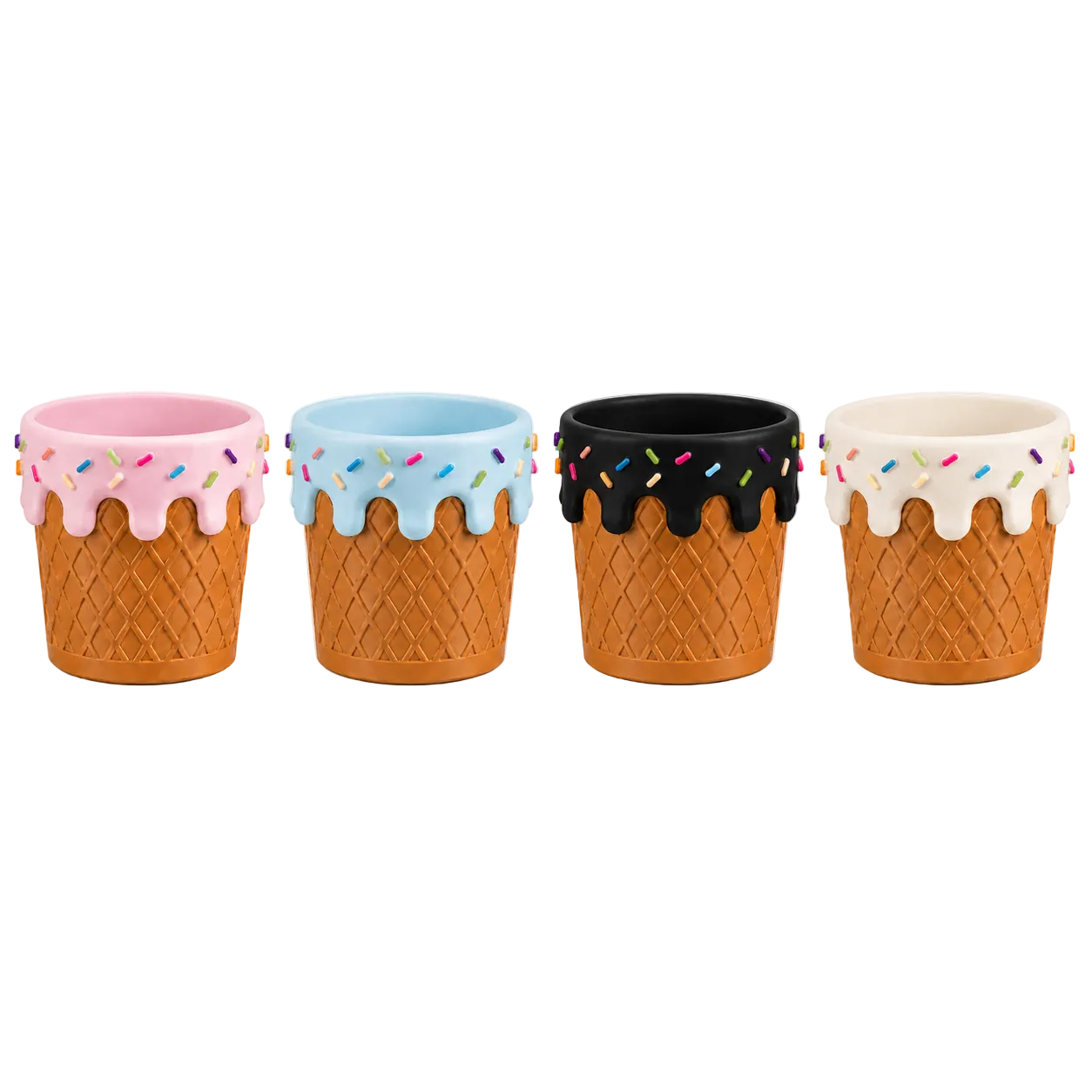Four ice cream cone-shaped cups with colorful toppings on a white background