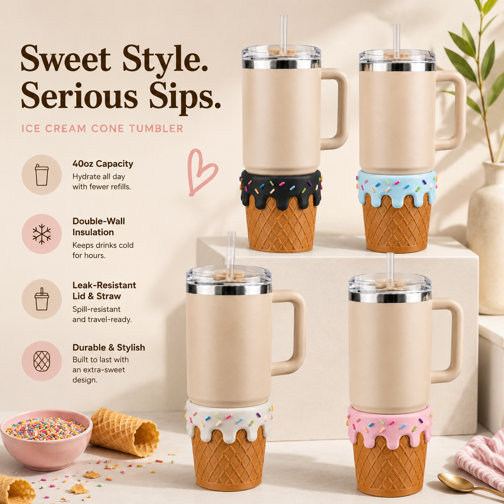 Ice cream cone tumblers with decorative tops on a light background
